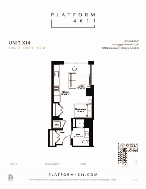 Studio floor plan of unit x14 at Platform 4611, Chicago 